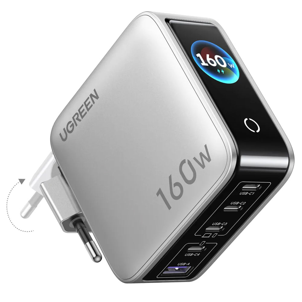 Incarcator Ugreen (65637B), 4x Type-C USB, 160W GaN, Priza Pliabila, Argintiu