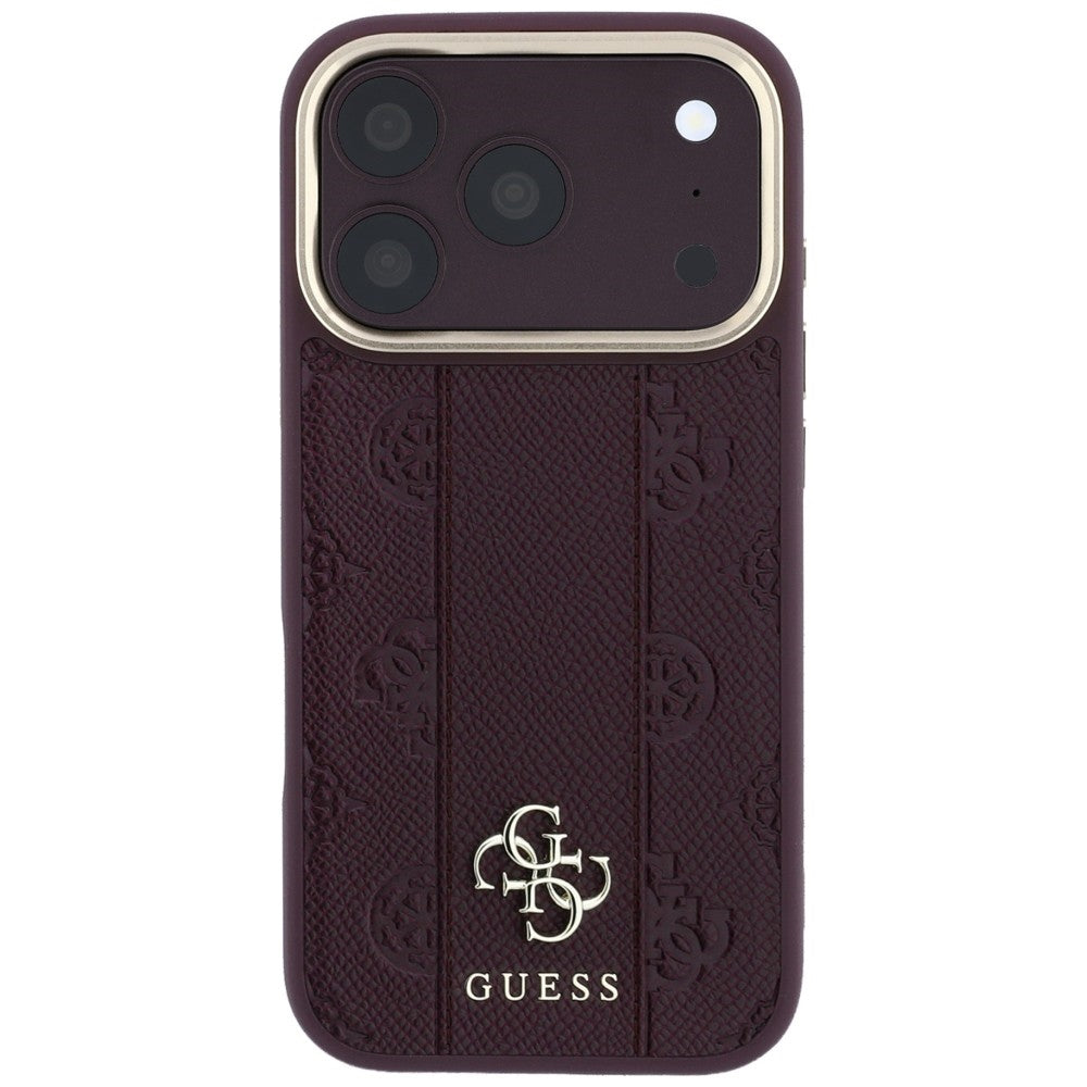 Husa de protectie Guess Leather Stripe Peony 4G MagSafe compatibil cu iPhone 18 Pro / iPhone 17 Pro, Roșu Burgundy