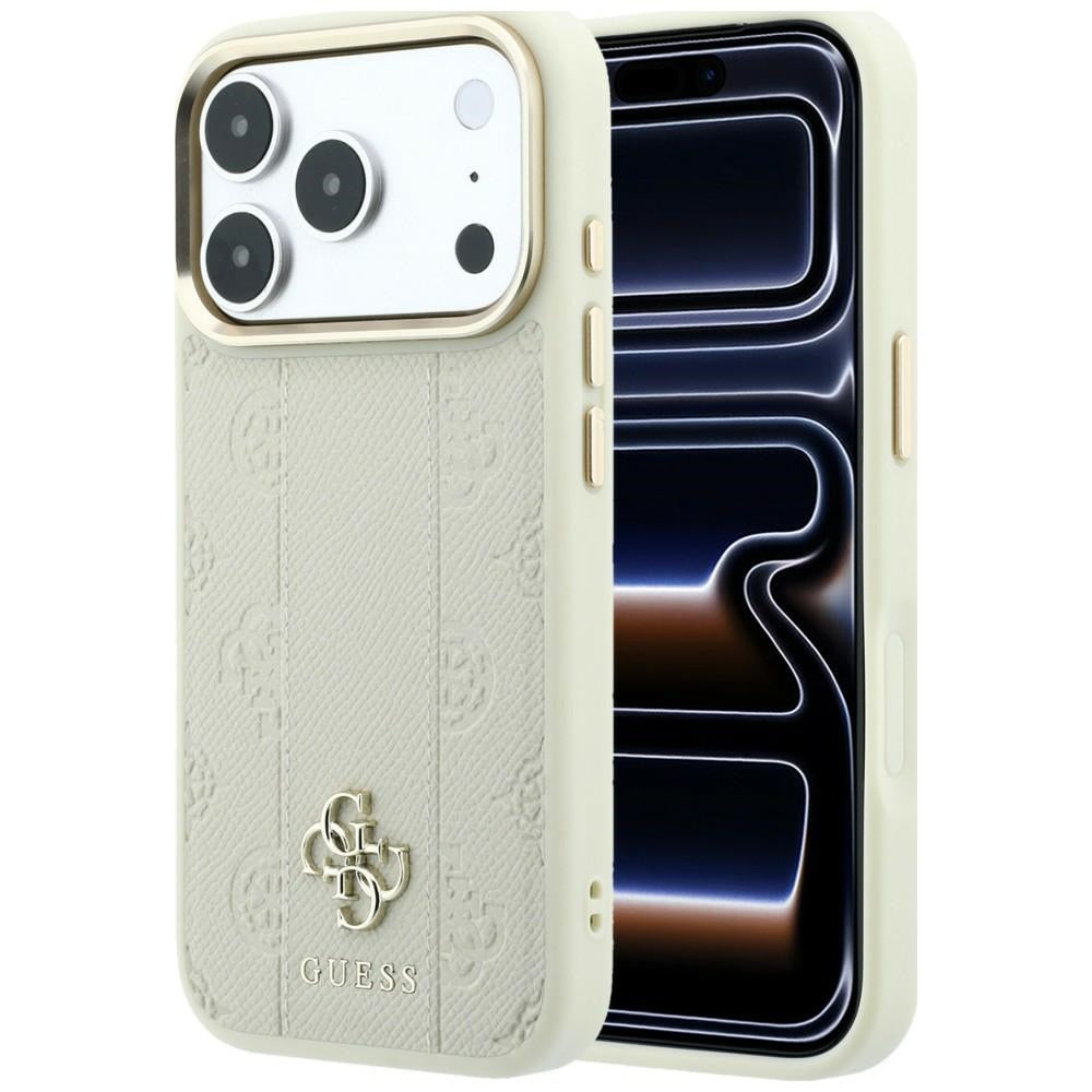 Husa de protectie Guess Leather Stripe Peony 4G compatibil cu iPhone 17 Pro Max / iPhone 18 Pro Max, Bej
