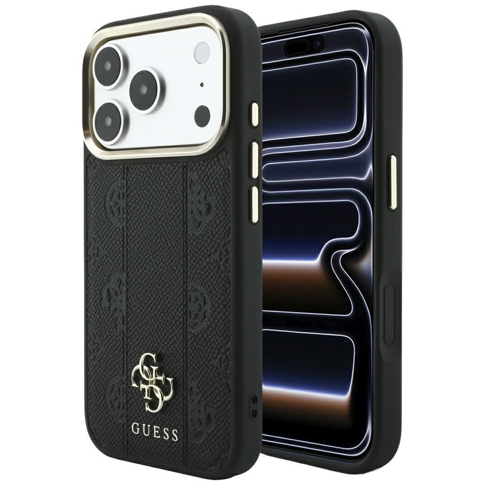 Husa de protectie Guess Leather Stripe Peony 4G compatibil cu iPhone 18 Pro Max / iPhone 17 Pro Max, Negru