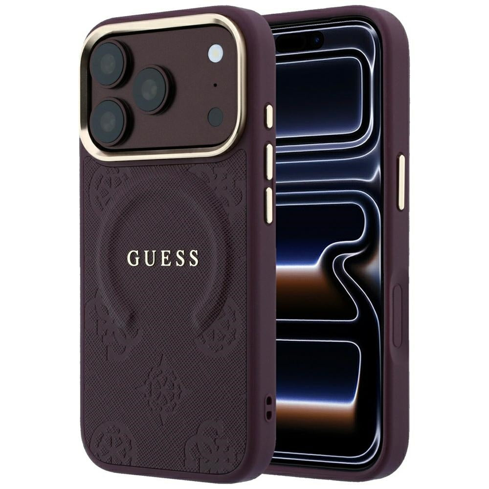 Husa de protectie Guess Saffiano Peony & Ring compatibil cu iPhone 18 Pro / iPhone 17 Pro, Bordo