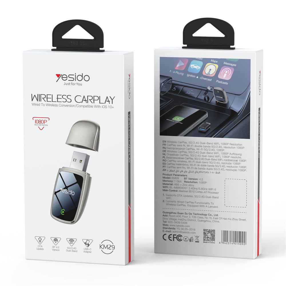 Adaptor Yesido Wireless CarPlay (KM29), USB-C, Bluetooth 4.2, Wi-Fi 5G/2.4G, 1080P, Gri
