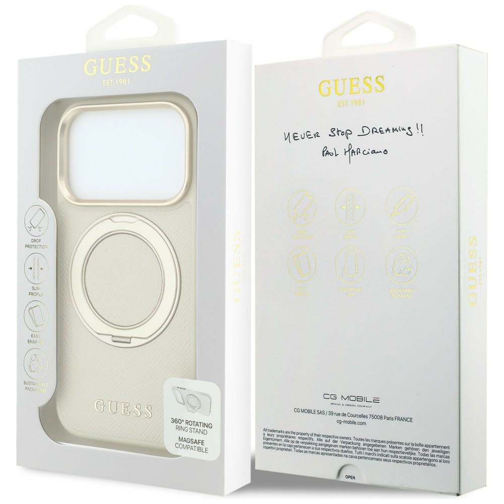 Husa de protectie Guess Grained Ring MagSafe compatibil cu iPhone 17 Pro Max / iPhone 18 Pro Max, Bej