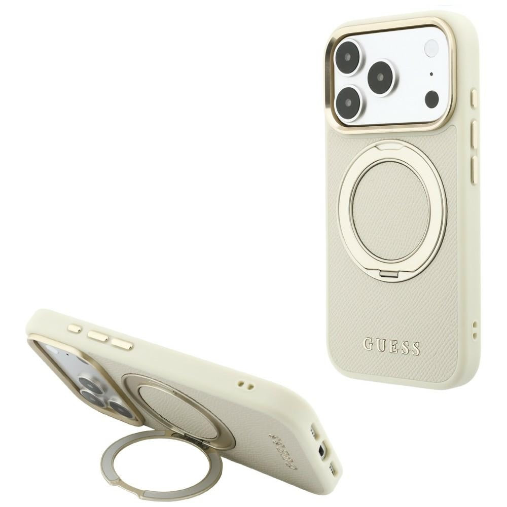 Husa de protectie Guess Grained Ring MagSafe compatibil cu iPhone 17 Pro Max / iPhone 18 Pro Max, Bej
