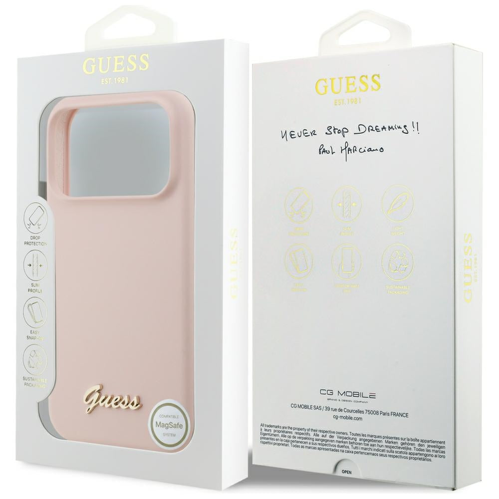 Husa de protectie Guess Silicone Script Metal Logo MagSafe compatibil cu iPhone 18 Pro Max / iPhone 17 Pro Max, Roz