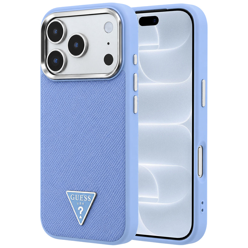 Husa de protectie Guess Grained Triangle Logo MagSafe compatibil cu iPhone 18 Pro / iPhone 17 Pro, Albastru