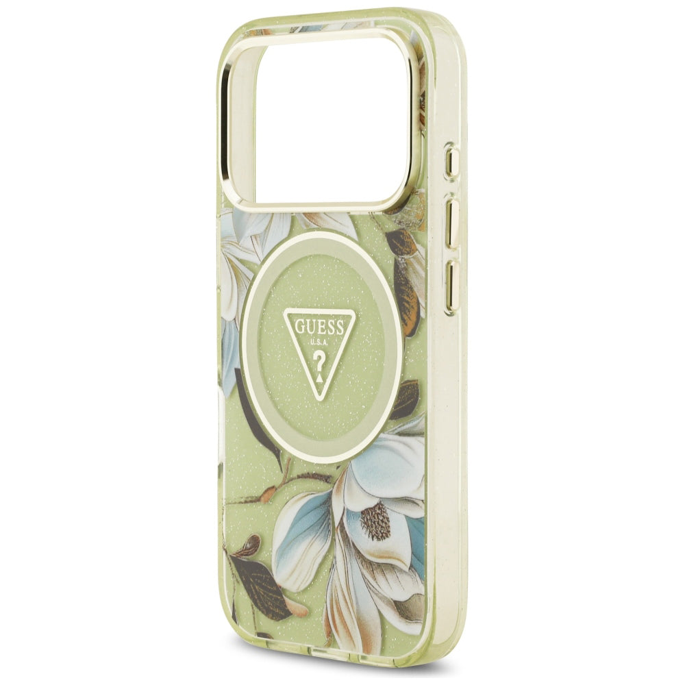 Husa de protectie Guess IML Metal Glitter Flowers Triangle compatibil cu iPhone 18 Pro Max / iPhone 17 Pro Max, Verde