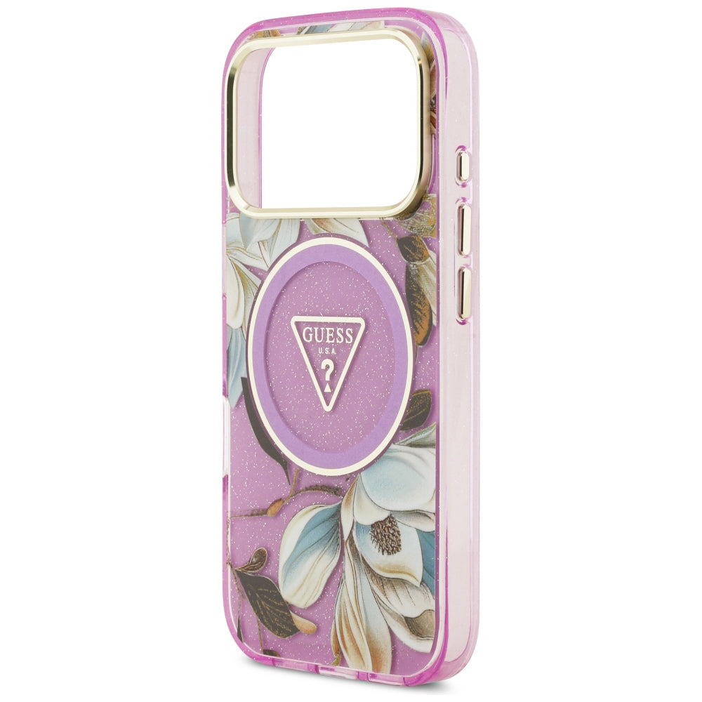 Husa de protectie Guess IML Metal Glitter Flowers Triangle compatibil cu iPhone 18 Pro Max / iPhone 17 Pro Max, Mov