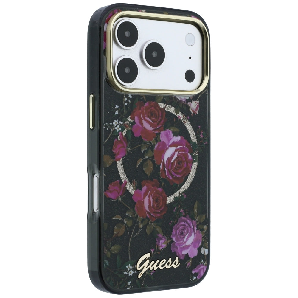 Husa de protectie Guess Glitter Blossom Roses compatibil cu iPhone 18 Pro Max / iPhone 17 Pro Max, Negru