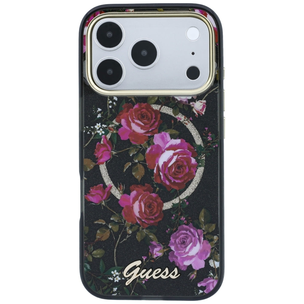 Husa de protectie Guess Glitter Blossom Roses compatibil cu iPhone 18 Pro Max / iPhone 17 Pro Max, Negru