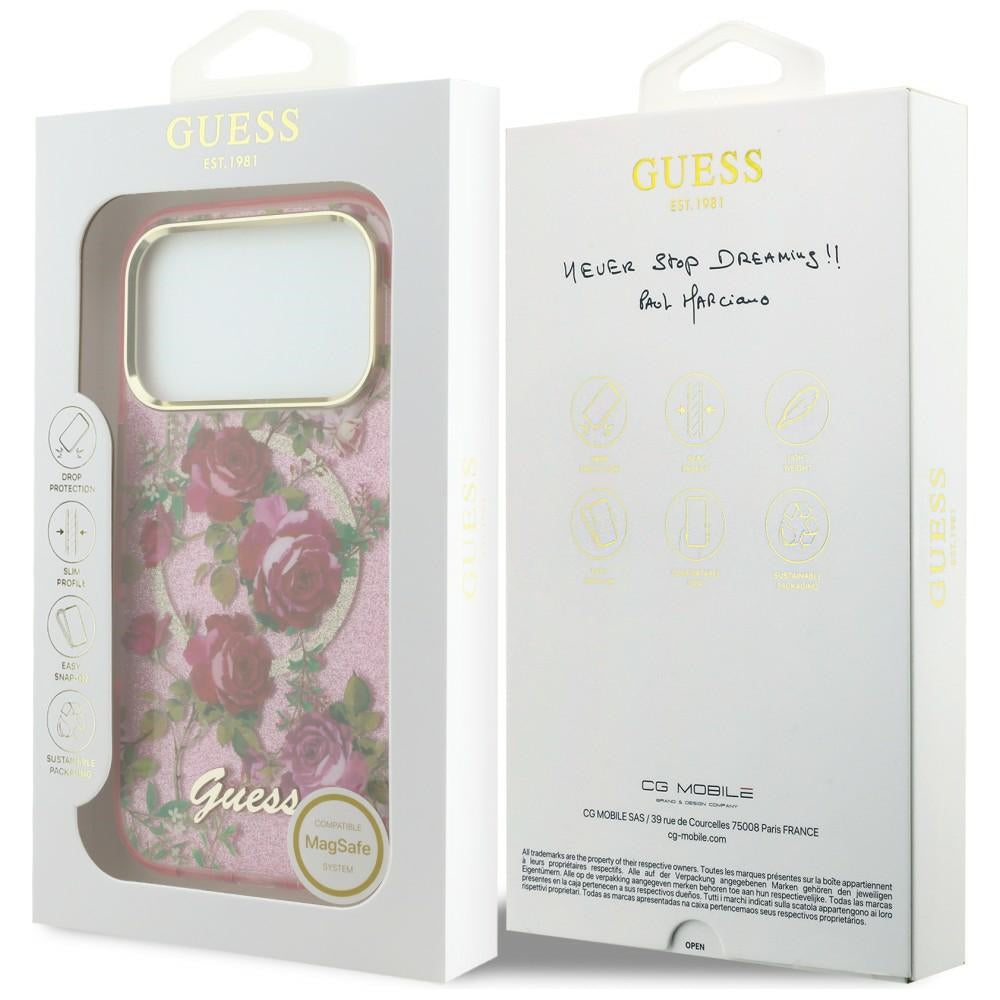 Husa de protectie Guess Glitter Blossom Roses compatibil cu iPhone 18 Pro Max / iPhone 17 Pro Max, Roz