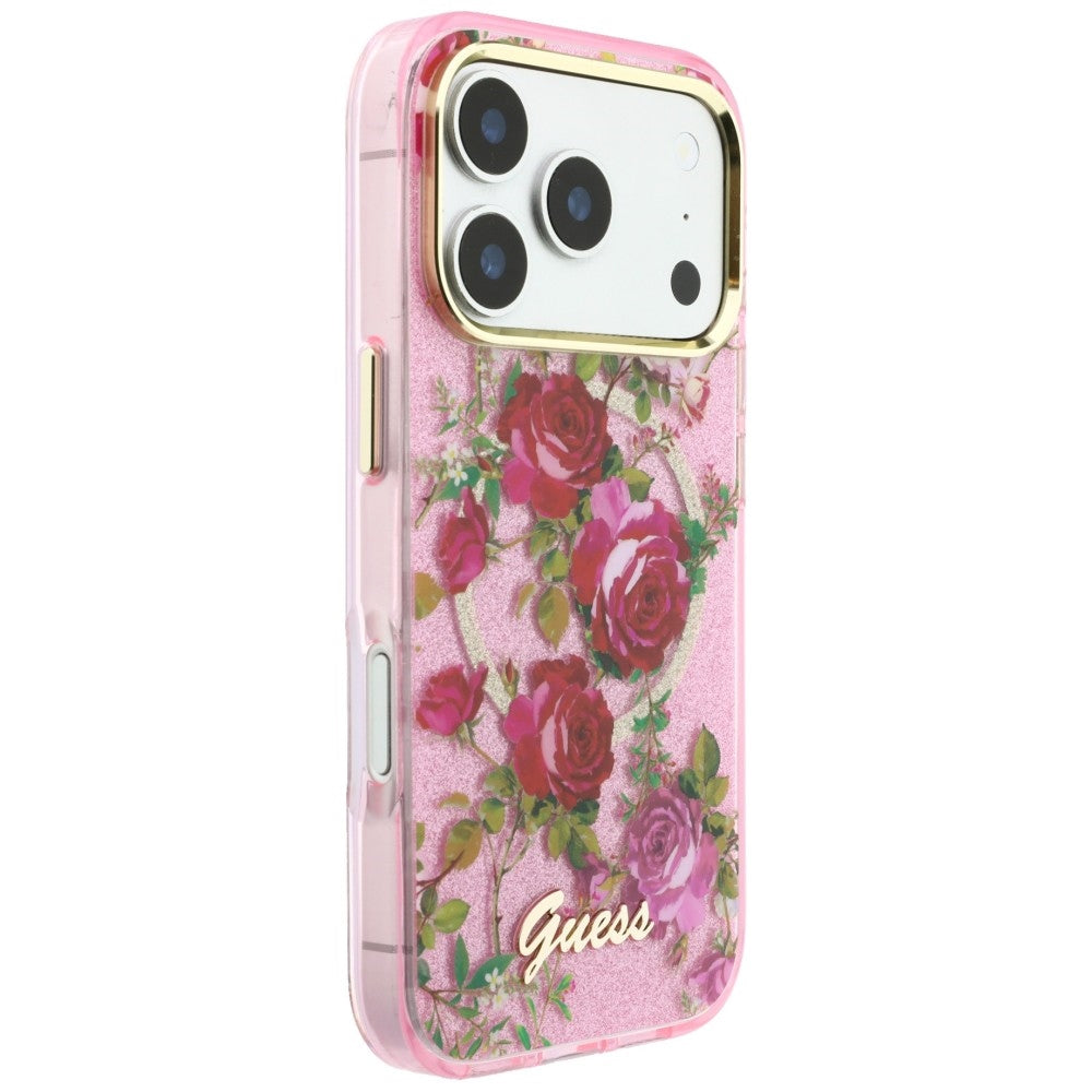 Husa de protectie Guess Glitter Blossom Roses compatibil cu iPhone 18 Pro Max / iPhone 17 Pro Max, Roz