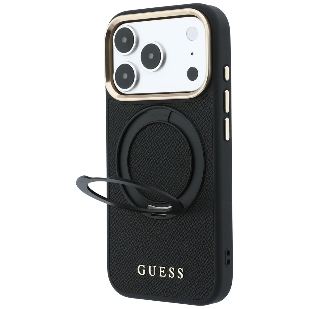 Husa de protectie Guess Grained Leather Ring Stand 360 compatibil cu iPhone 18 Pro / iPhone 17 Pro, Negru
