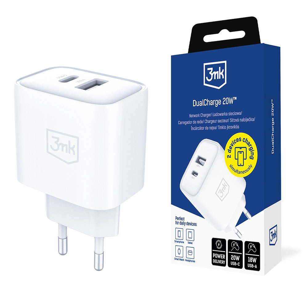 Incarcator 3mk DualCharge, USB QC 3.0 / Type-C PD3.0, 20W, Alb