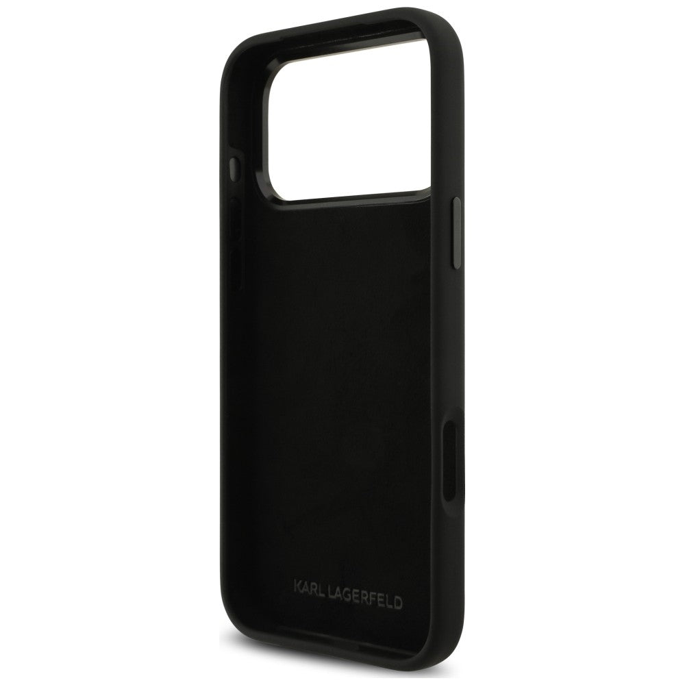 Husa de protectie Karl Lagerfeld Silicone Karl & Choupette Metal Pin compatibil cu iPhone 17 Pro Max / iPhone 18 Pro Max, Negru