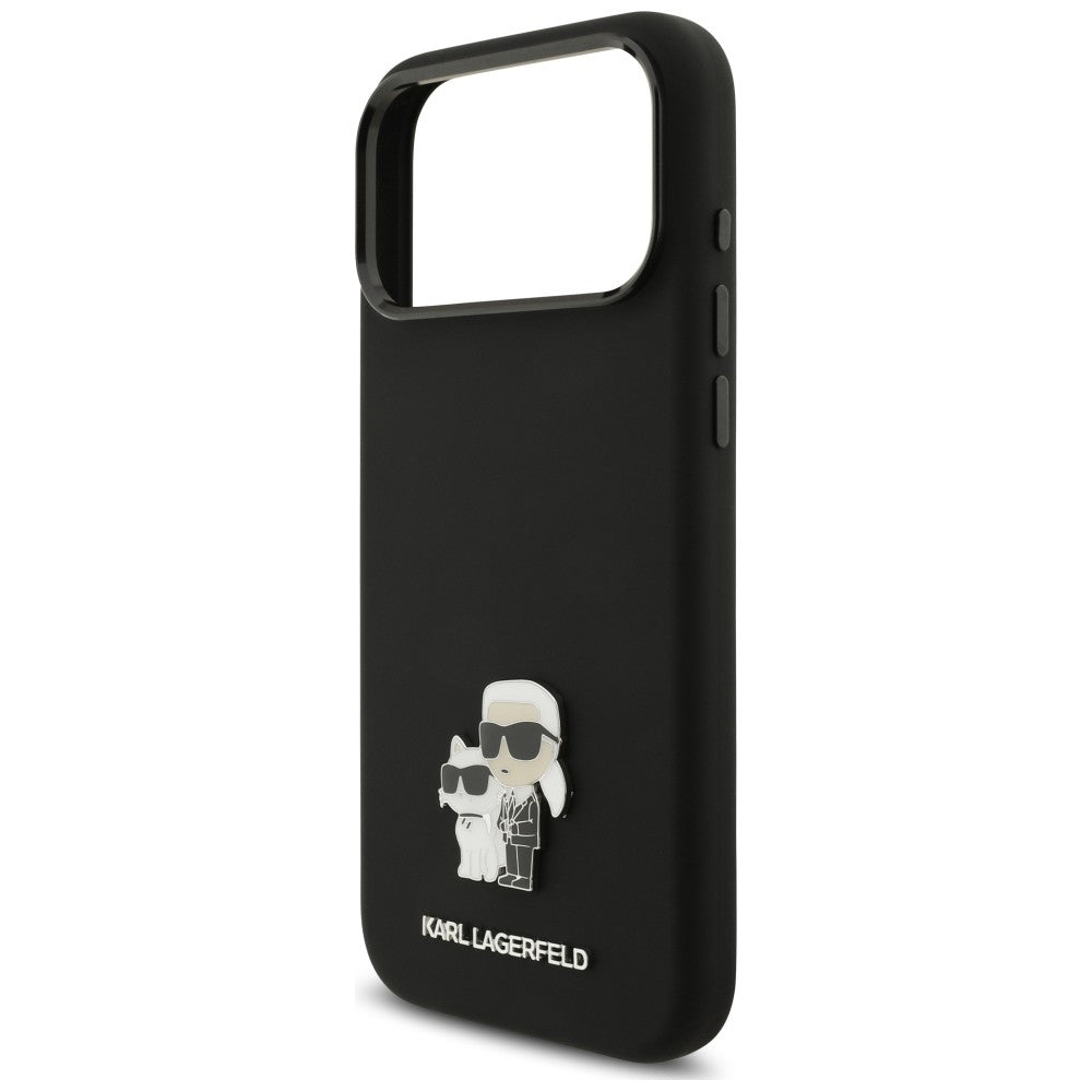 Husa de protectie Karl Lagerfeld Silicone Karl & Choupette Metal Pin compatibil cu iPhone 17 Pro Max / iPhone 18 Pro Max, Negru