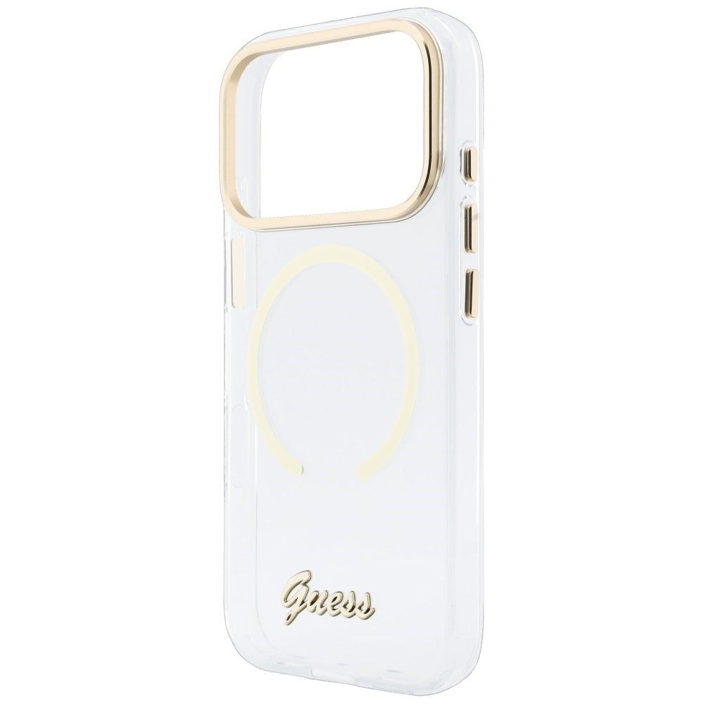 Husa de protectie Guess IML Script Metal MagSafe compatibil cu iPhone 18 Pro / iPhone 17 Pro, Transparent