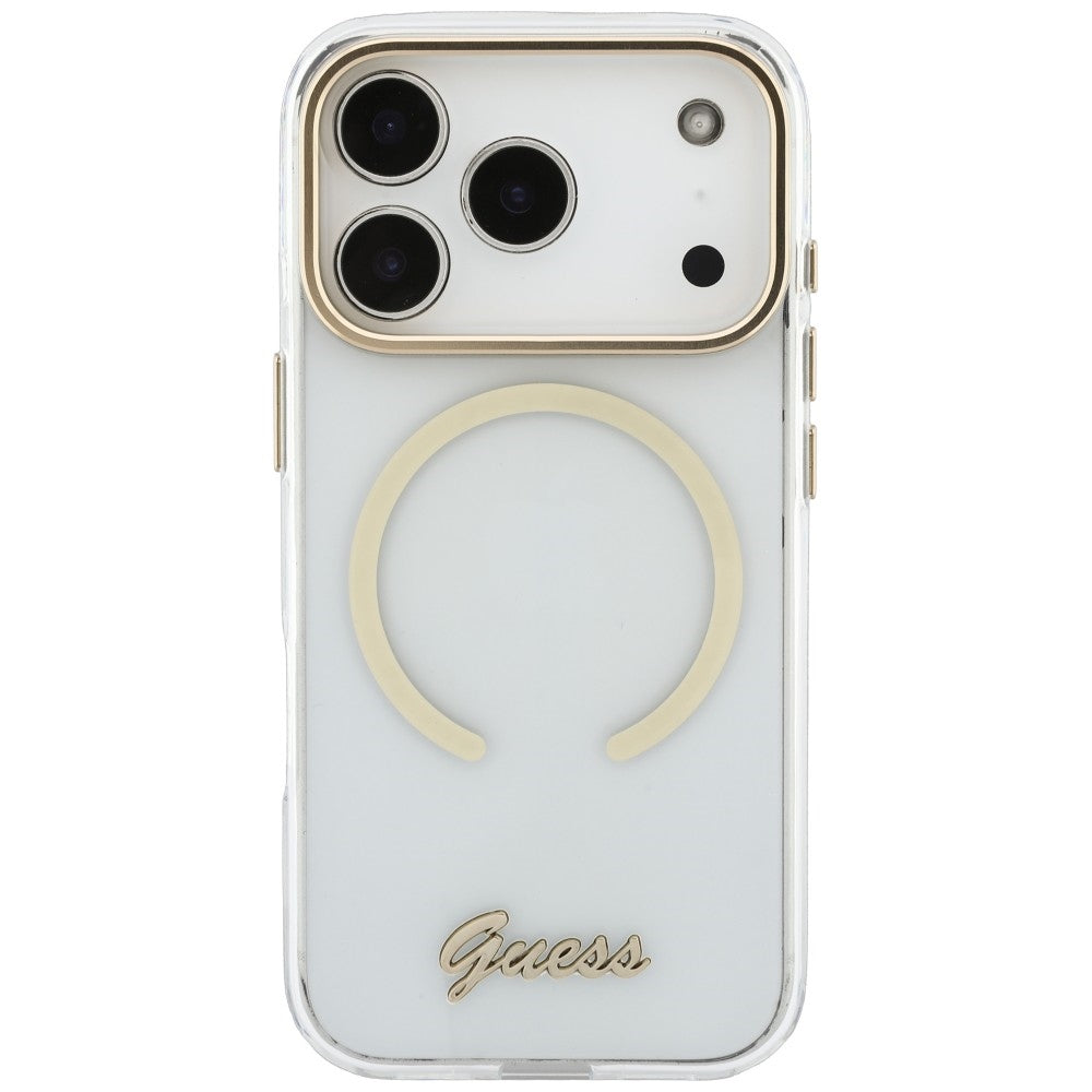 Husa de protectie Guess IML Script Metal MagSafe compatibil cu iPhone 18 Pro / iPhone 17 Pro, Transparent