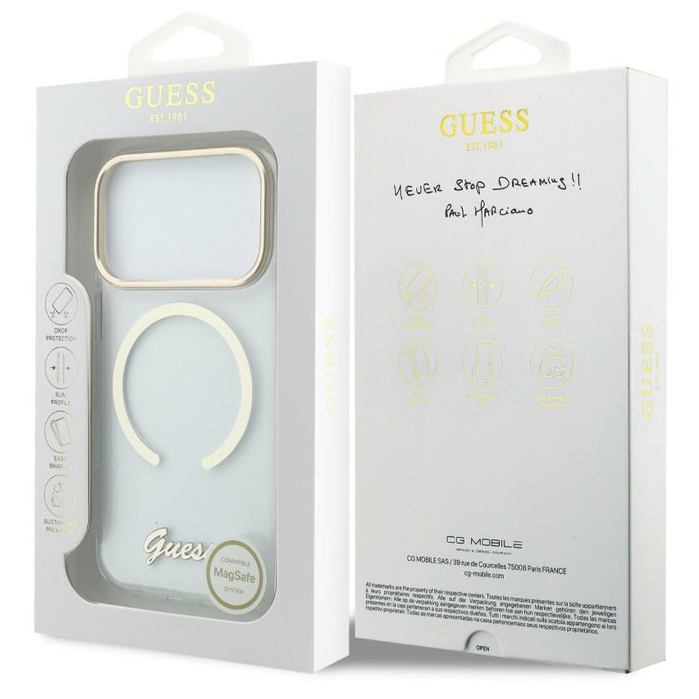Husa de protectie Guess IML Script Metal MagSafe compatibil cu iPhone 18 Pro / iPhone 17 Pro, Transparent