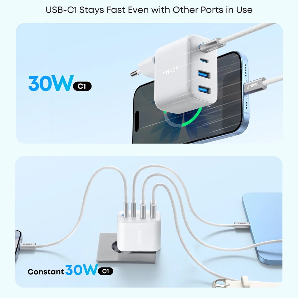 Incarcator Anker (A121EG21), 2x Type-C + 2x USB, 50W, EU, Alb