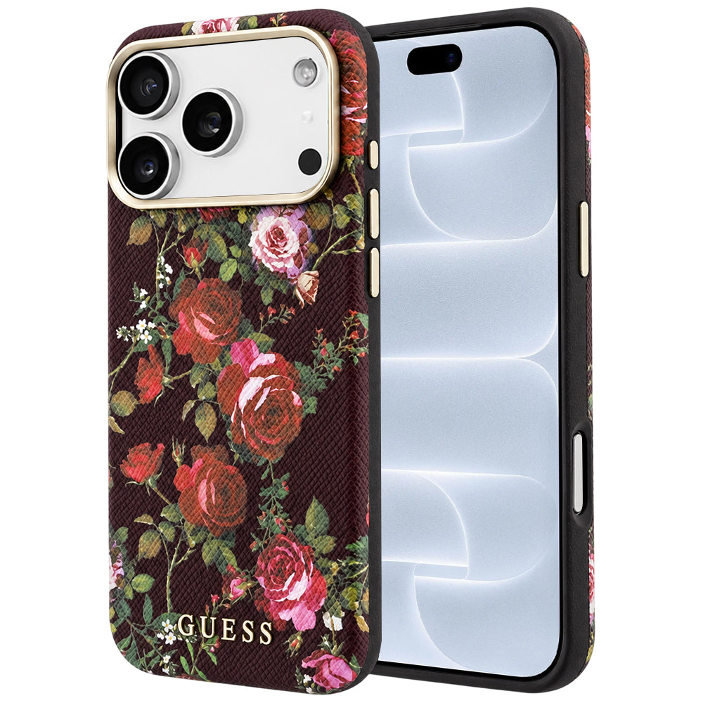 Husa de protectie Guess Blossom Roses Print compatibil cu iPhone 18 Pro / iPhone 17 Pro, Bordo