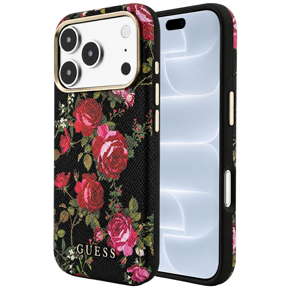 Husa de protectie Guess Blossom Roses Print compatibil cu iPhone 18 Pro / iPhone 17 Pro, Negru