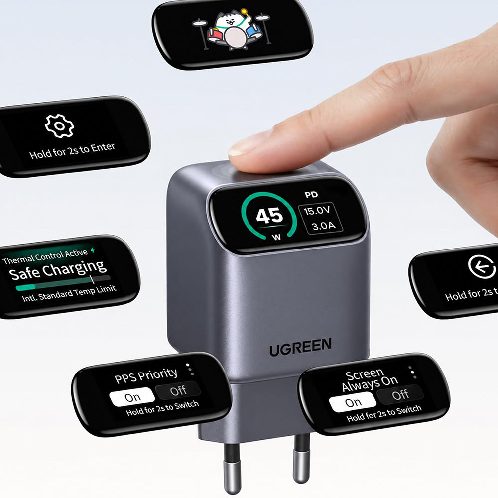Incarcator Ugreen (25419B), USB-C, 45W, GaN, Afisaj Inteligent, Gri