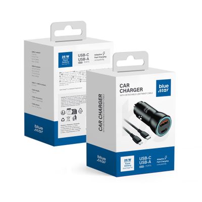 BLUE STAR încărcător auto 3A 25W Type C + USB A + cablu Type C la Lightning PD QC3.0 AFC PPS negru