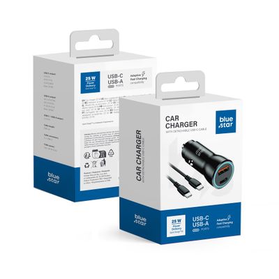BLUE STAR încărcător auto 3A 25W Type C + USB A + cablu Type C la Type C PD QC3.0 AFC PPS negru