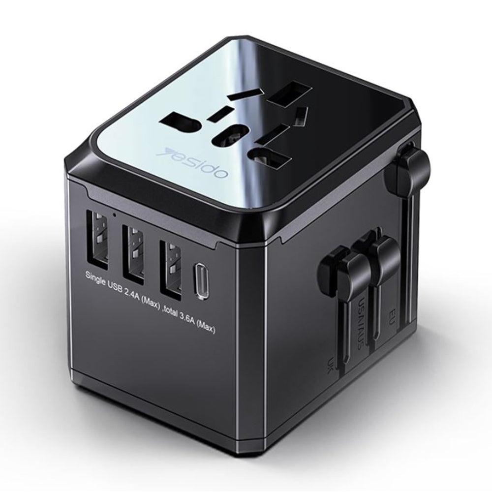 Incarcator Yesido (MC10), 3x USB, Type-C, for Travel, EU, UK, US, AUS, 3.6A, Negru