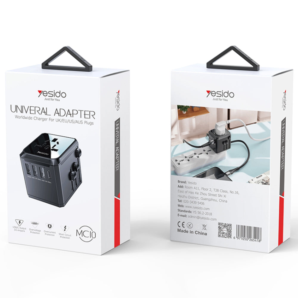 Incarcator Yesido (MC10), 3x USB, Type-C, for Travel, EU, UK, US, AUS, 3.6A, Negru