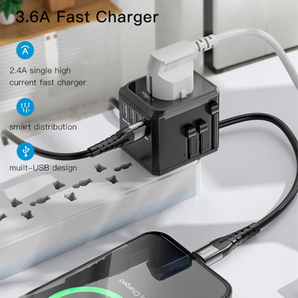 Incarcator Yesido (MC10), 3x USB, Type-C, for Travel, EU, UK, US, AUS, 3.6A, Negru