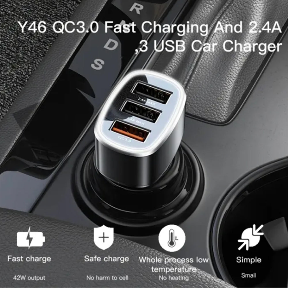 Incarcator Yesido Car (Y46), 3x USB, 2.4A, Q.C3.0, Fast Charging, 42W, Negru