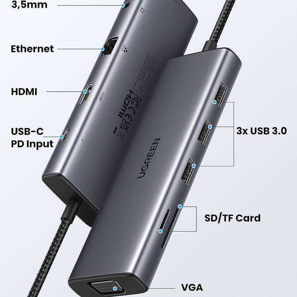 Hub/Dock Ugreen Docking Station CM498 (15601), USB-C to Type-C, 3x USB, HDMI, RJ45, Jack 3.5mm, VGA, TF, SD Card, Gri