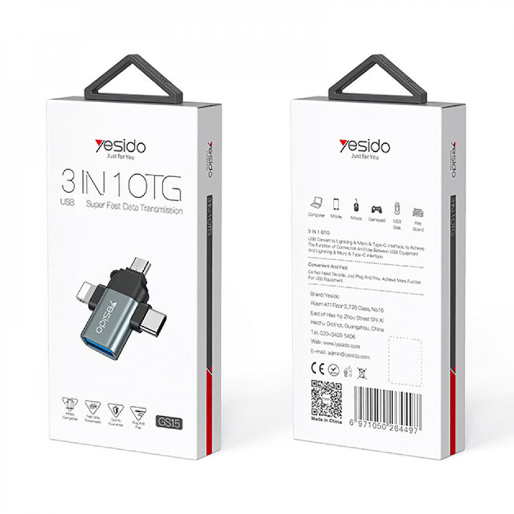 Adaptor Yesido OTG Adapter (GS15), USB to Lightning, Micro-USB, Type-C, Plug & Play, 480Mbps, Negru