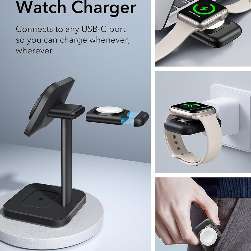 Incarcator ESR Charging Station 3in1 HaloLock, for iPhone MagSafe, AirPods Pro and Apple Watch, with Detachable Watch Charger, Negru