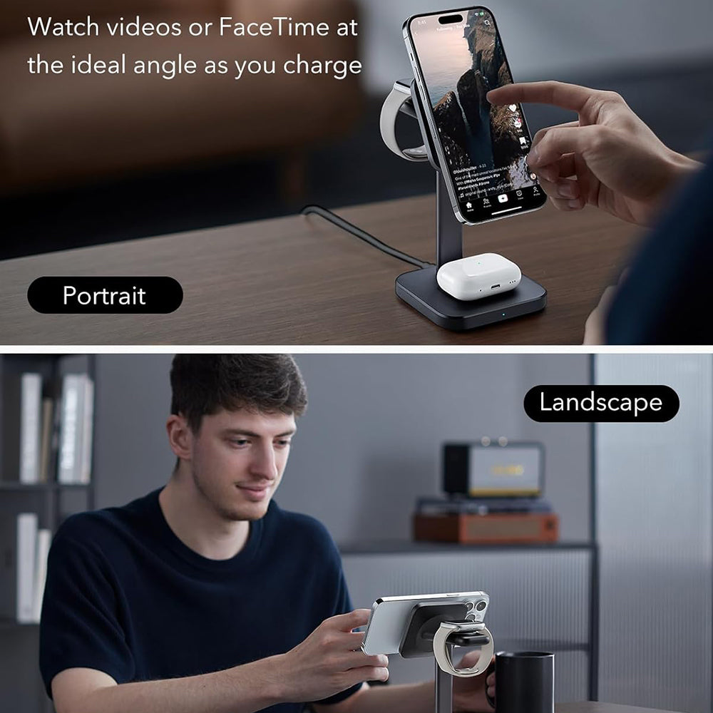 Incarcator ESR Charging Station 3in1 HaloLock, for iPhone MagSafe, AirPods Pro and Apple Watch, with Detachable Watch Charger, Negru