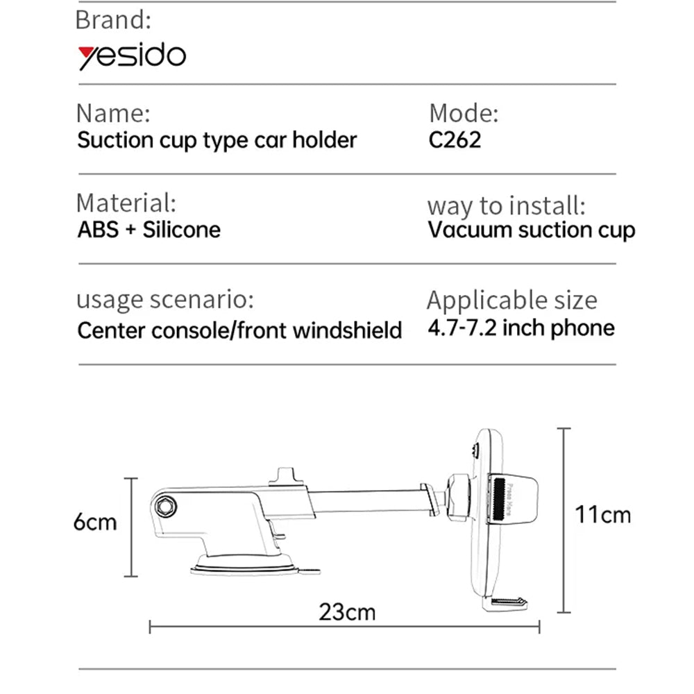 Suport Yesido (C262), Gravity Grip, for Dashboard and Windshield, Negru