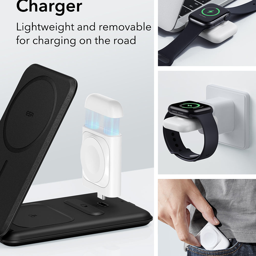 Incarcator ESR Premium 3in1 Travel Wireless Charging Set (2C569A), for iPhone, MFi Apple Watch, AirPods, Qi2 15W, Negru