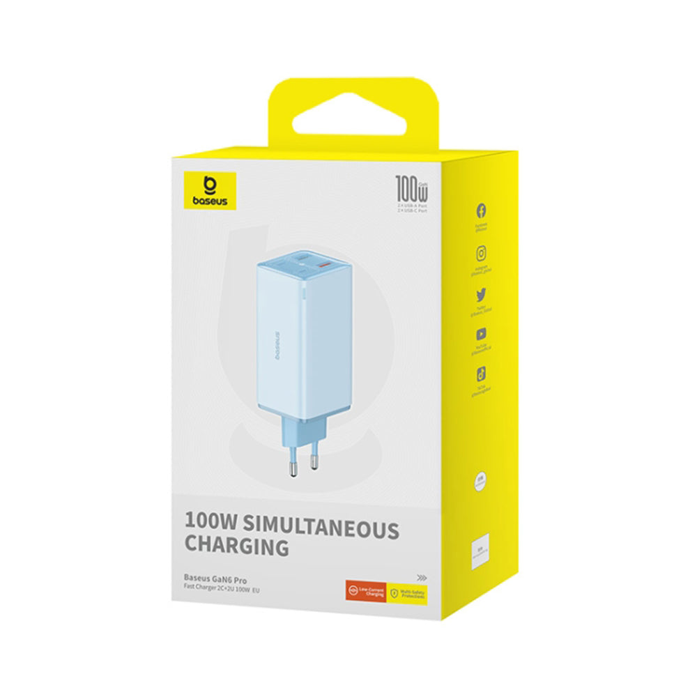 Incarcator Baseus GaN6 Pro (P10162705312-00), Type-C Cable Included, 2x USB, 2x Type-C, 100W, 100W, 20V, 5A, 1m, Albastru