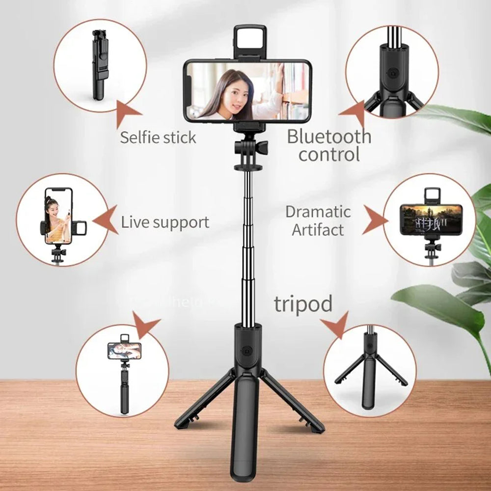 Suport Techsuit Mini Selfie Stick (S03-S), Stable & Compact Tripod Mount, Bluetooth Remote Control, LED Light, 67cm, Negru