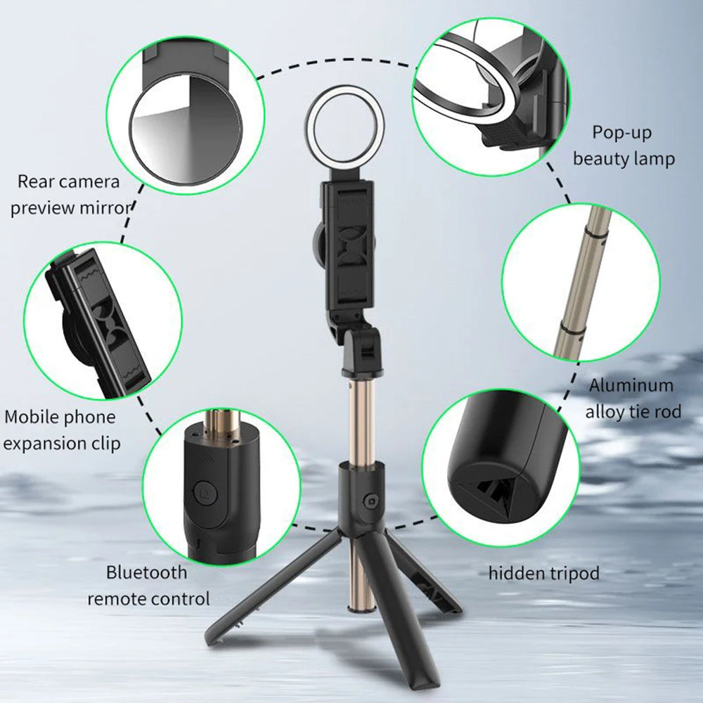 Suport Techsuit Selfie Stick (K13), Compact Tripod Mount with Bluetooth Remote Control, LED Beauty Light, Foldable, 84cm, Negru