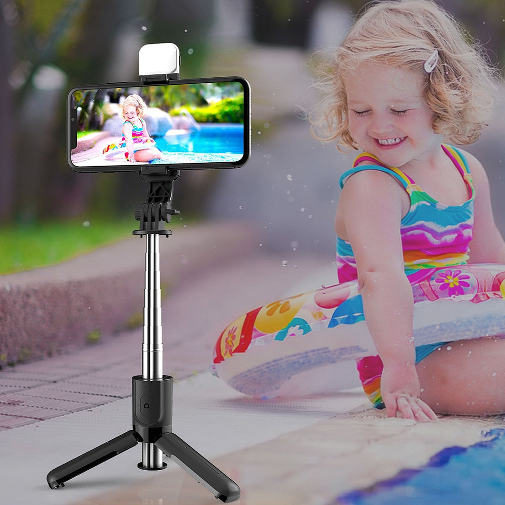 Suport Techsuit Mini Selfie Stick (L11s), Stable Tripod with Bluetooth Remote Control and LED Light, 75cm, Negru