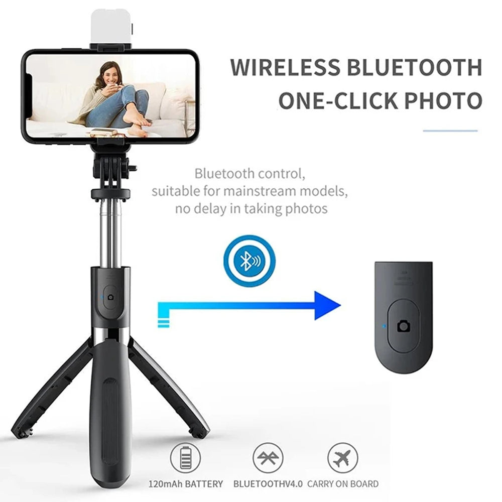Suport Techsuit Selfie Stick (L02s), Stable Tripod with Bluetooth Remote Control and Fill Light, Stainless Steel, 104cm, Negru