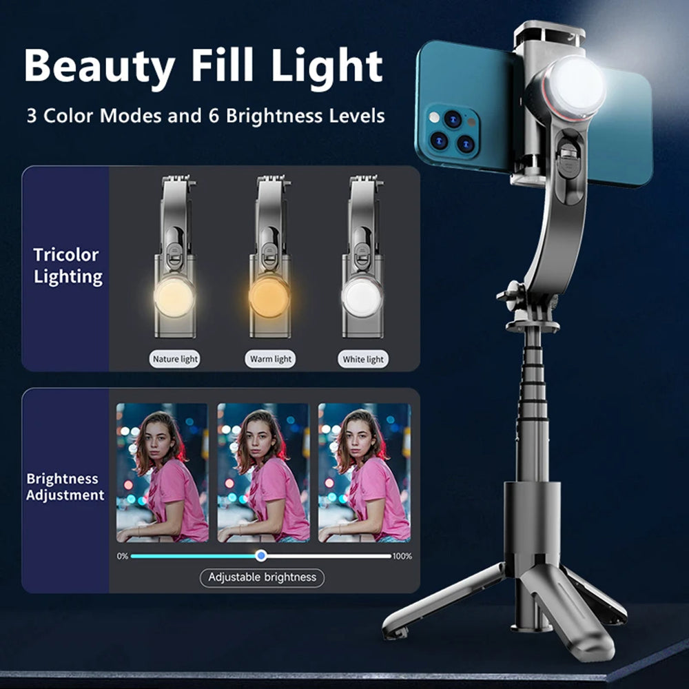 Suport Techsuit Selfie Stick (L18sMini), Stable Gimbal/Tripod with Bluetooth Remote Control, Fill Light, 360 Rotation, 70cm, Negru