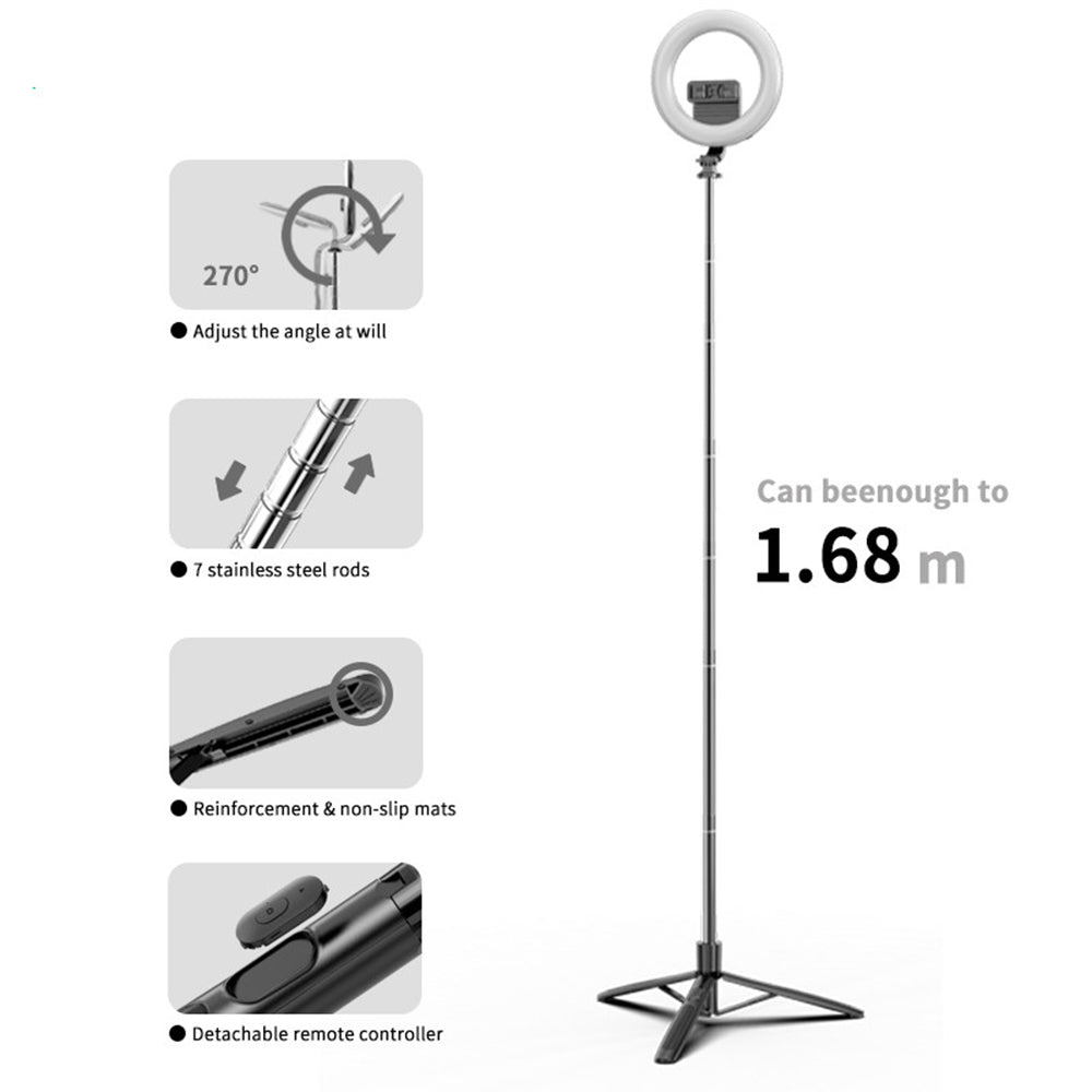 Suport Techsuit Selfie Stick (Q05s), Stable Tripod with Bluetooth Remote Control and Ring Light, Stainless Steel, 170cm, Negru