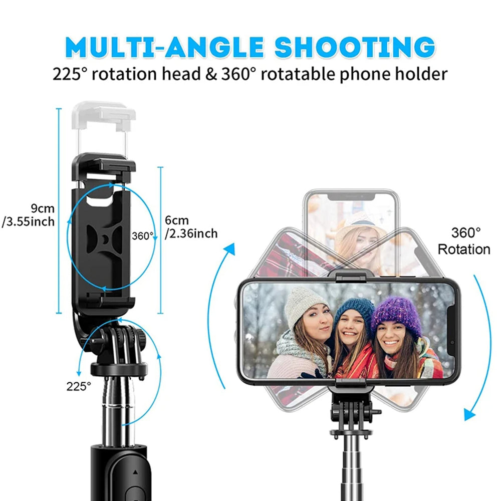 Suport Techsuit Selfie Stick (Q02), Foldable Tripod with Bluetooth Remote Control, 360 Rotation, Stainless Steel, 103cm, Negru