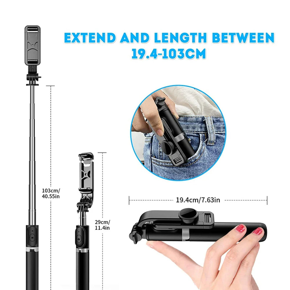 Suport Techsuit Selfie Stick (Q02), Foldable Tripod with Bluetooth Remote Control, 360 Rotation, Stainless Steel, 103cm, Negru