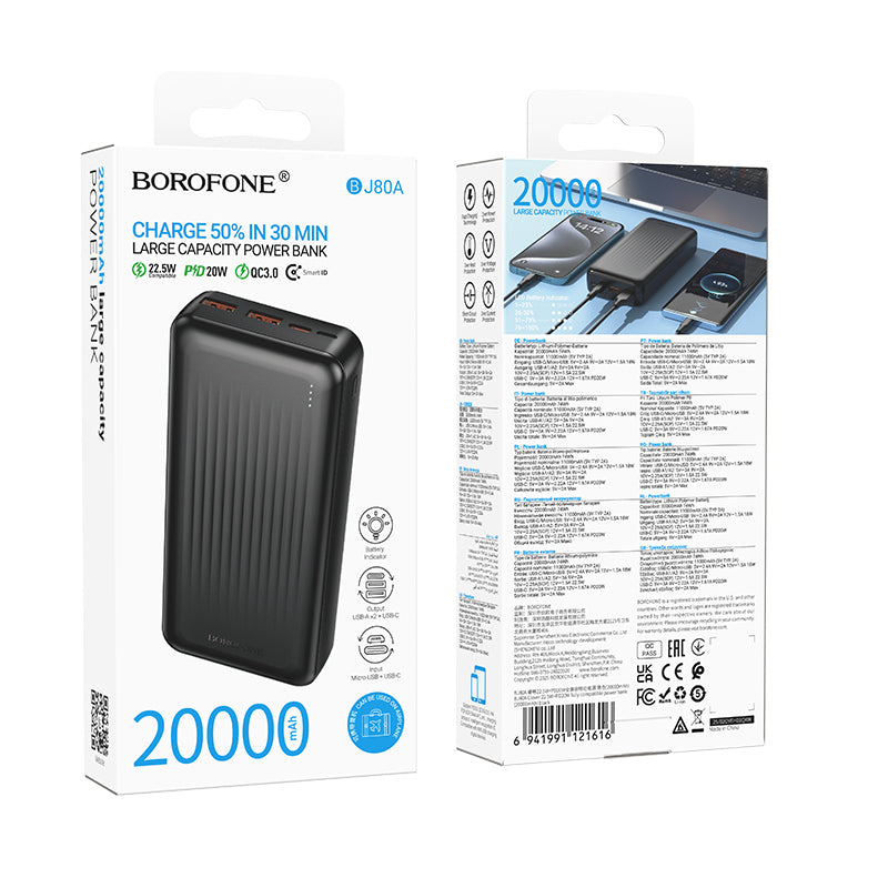 Baterie Externa Borofone BJ80A Clever, 20000mAh, 22.5W, QC + PD, 1 x USB-C - 2 x USB-A