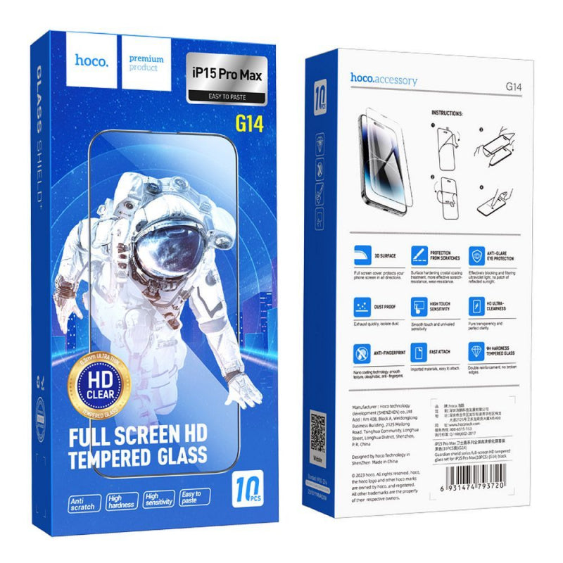Folie de protectie Ecran HOCO G14 pentru Apple iPhone 15 Pro Max, Sticla Securizata, Full Glue, Set 10 bucati, 5D